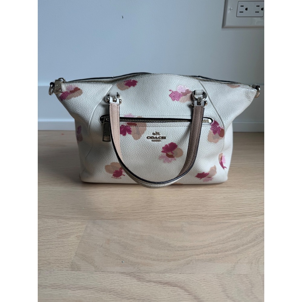 Coach White Pebbled Leather Floral Print Satchel Handbag Pink Tan Gold Tone
